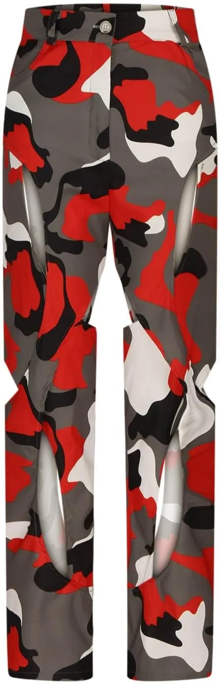 High Waisted Camo Pants for Women Cut Out Straight Wide Leg Cargo Pants Casual Loose Fit Novelty Trousers