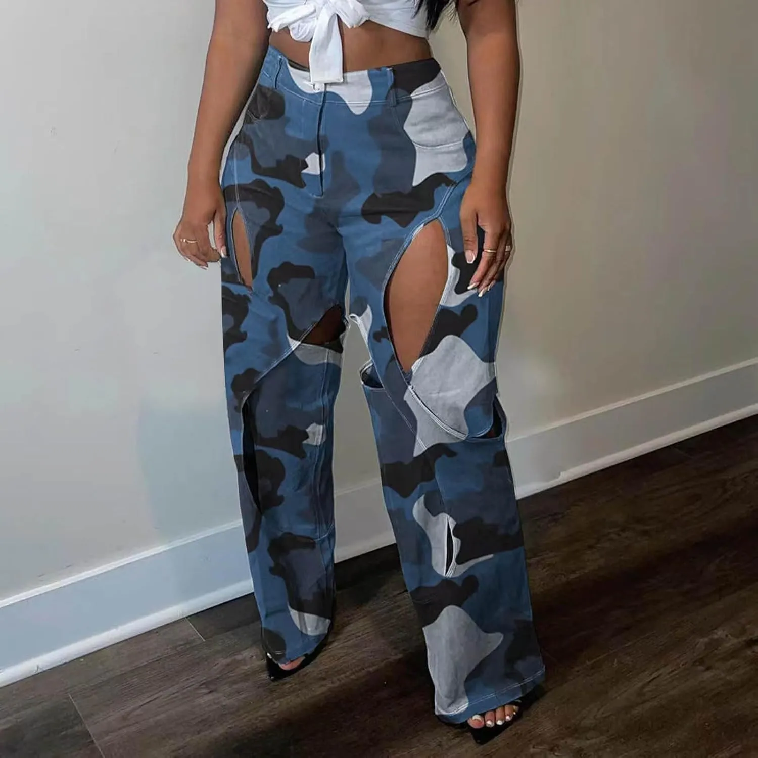 High Waisted Camo Pants for Women Cut Out Straight Wide Leg Cargo Pants Casual Loose Fit Novelty Trousers
