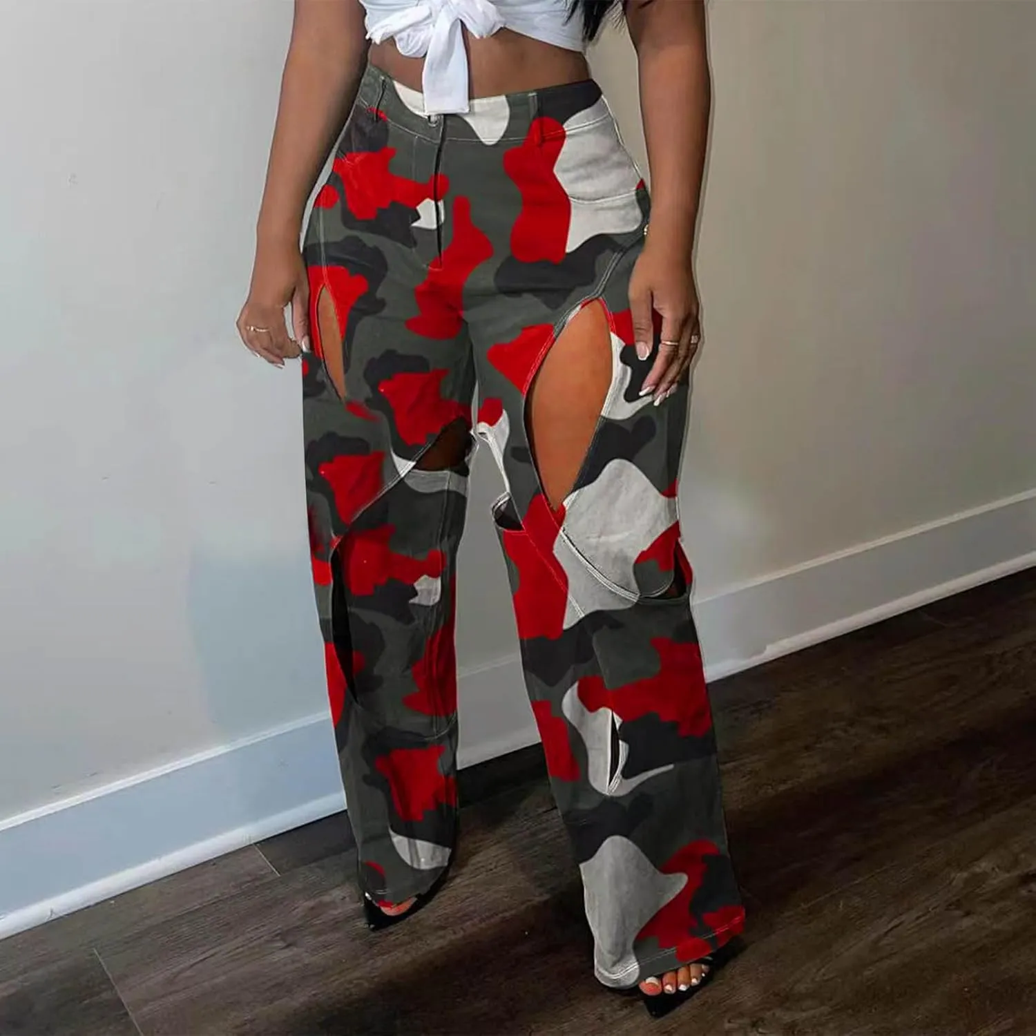 High Waisted Camo Pants for Women Cut Out Straight Wide Leg Cargo Pants Casual Loose Fit Novelty Trousers
