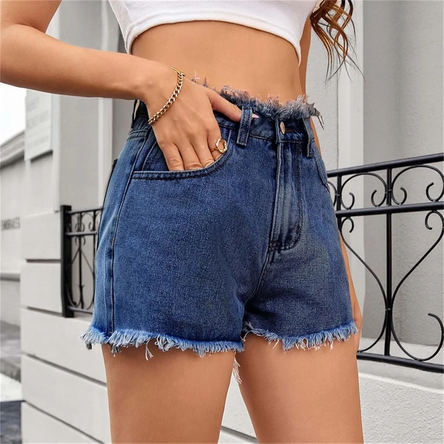 High Waisted Denim Shorts Women Distressed Stretchy Baggy Jean Shorts Tummy Control Raw Hem Casual Short Jeans