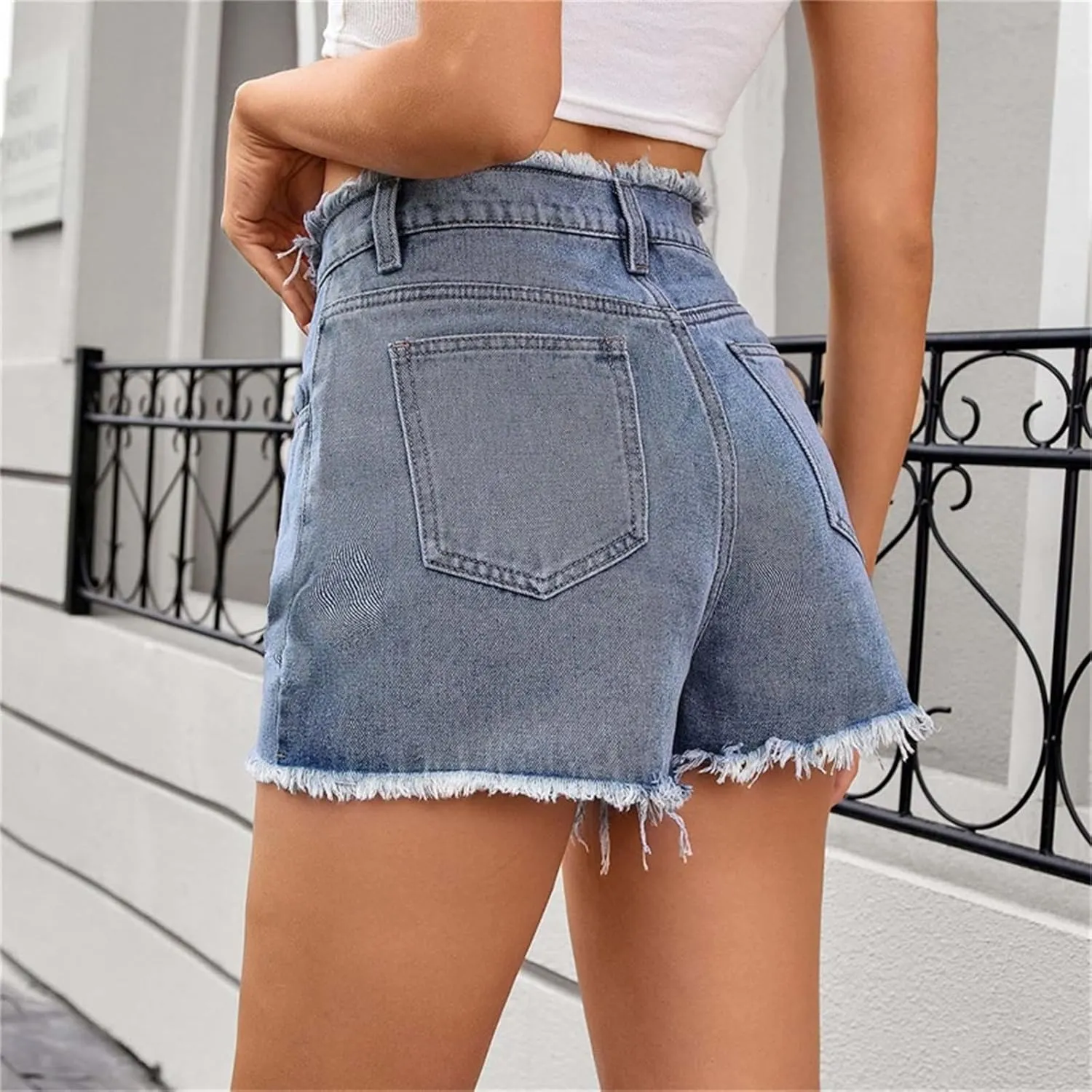 High Waisted Denim Shorts Women Distressed Stretchy Baggy Jean Shorts Tummy Control Raw Hem Casual Short Jeans