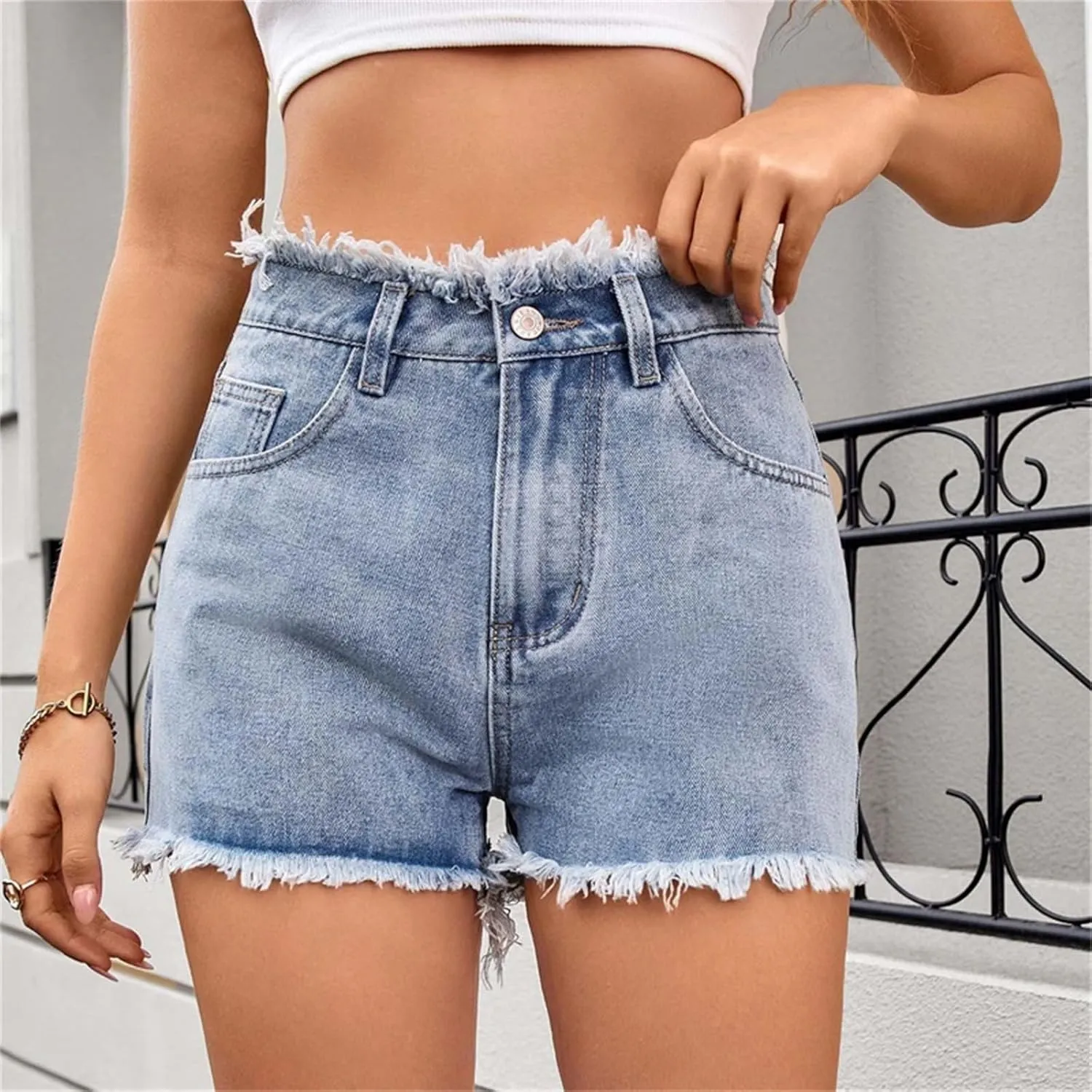 High Waisted Denim Shorts Women Distressed Stretchy Baggy Jean Shorts Tummy Control Raw Hem Casual Short Jeans