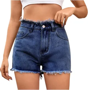High Waisted Denim Shorts Women Distressed Stretchy Baggy Jean Shorts Tummy Control Raw Hem Casual Short Jeans