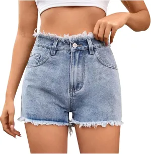 High Waisted Denim Shorts Women Distressed Stretchy Baggy Jean Shorts Tummy Control Raw Hem Casual Short Jeans