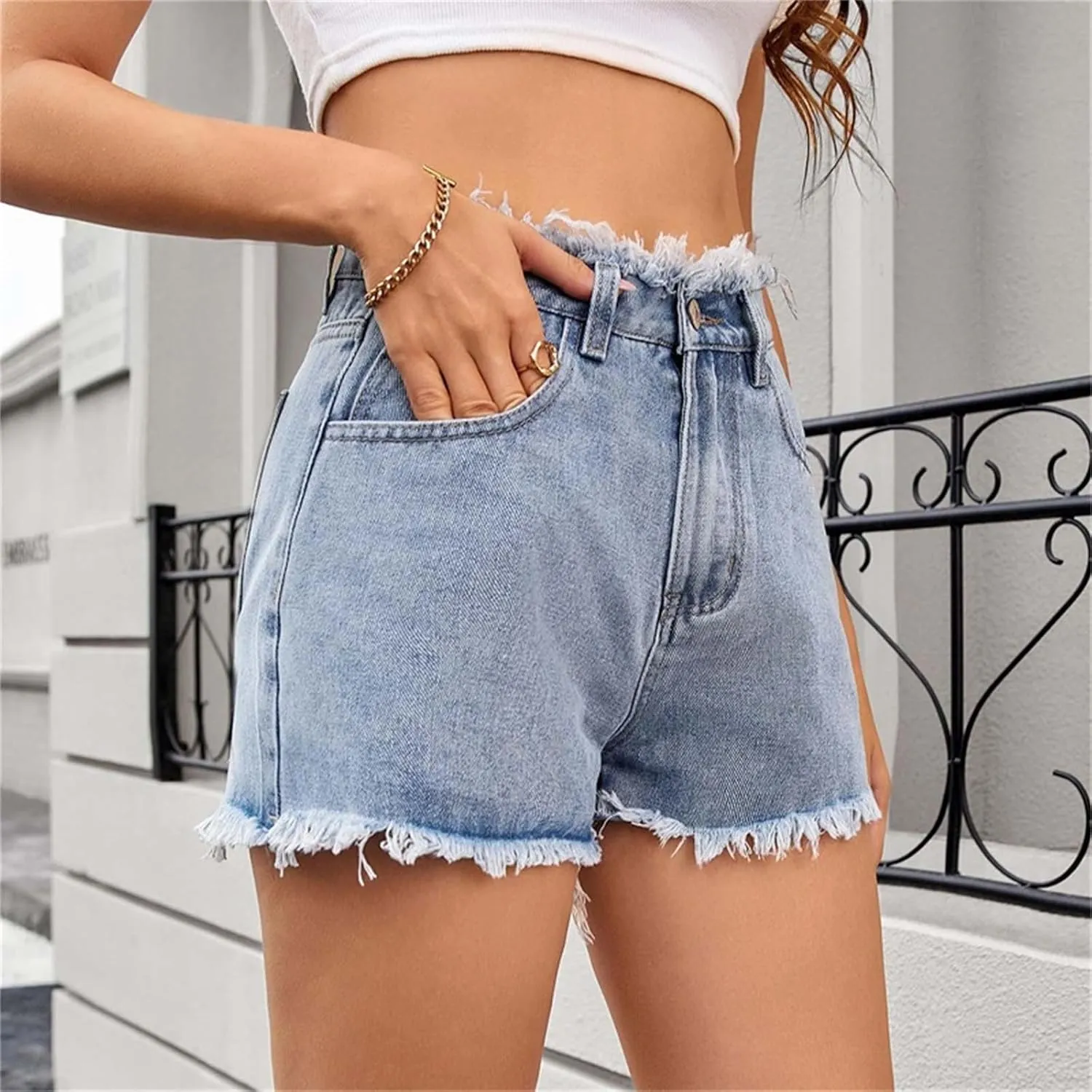 High Waisted Denim Shorts Women Distressed Stretchy Baggy Jean Shorts Tummy Control Raw Hem Casual Short Jeans