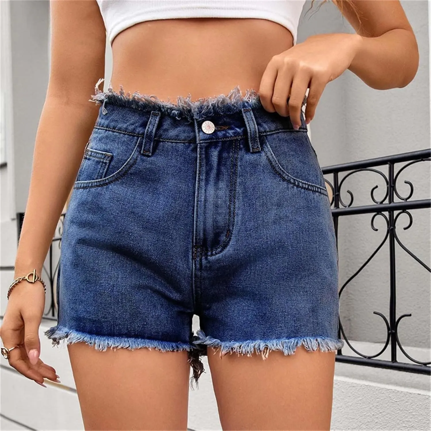 High Waisted Denim Shorts Women Distressed Stretchy Baggy Jean Shorts Tummy Control Raw Hem Casual Short Jeans