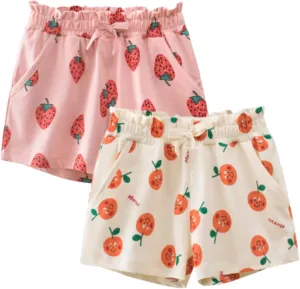 HILEELANG Girl Sweat Shorts Summer Cotton Casual Knit Pink Strawberry Active Bike Short 2PC Sets 7 Years
