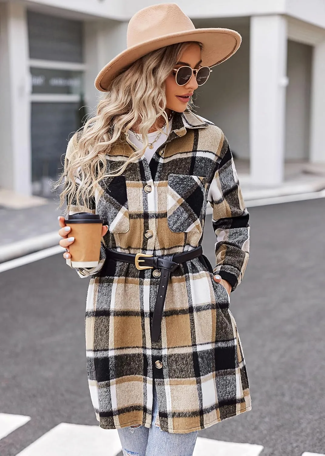 HOTOUCH Womens Flannel Plaid Shacket Jacket Casual Lapel Button Down Tartan Trench Coat Long Sleeve Shirts with Pockets