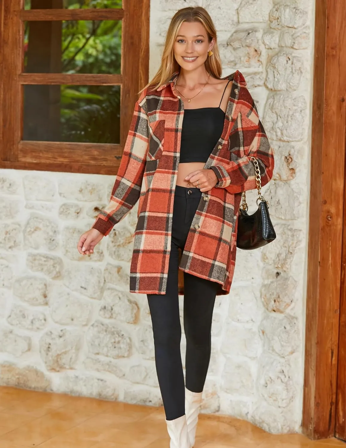 HOTOUCH Womens Flannel Plaid Shacket Jacket Casual Lapel Button Down Tartan Trench Coat Long Sleeve Shirts with Pockets