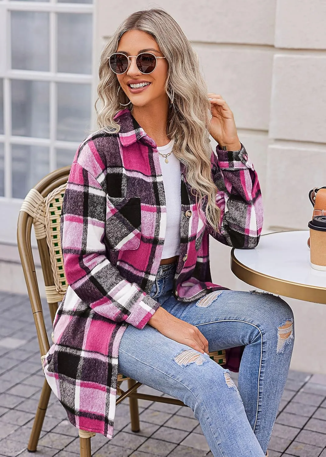 HOTOUCH Womens Flannel Plaid Shacket Jacket Casual Lapel Button Down Tartan Trench Coat Long Sleeve Shirts with Pockets