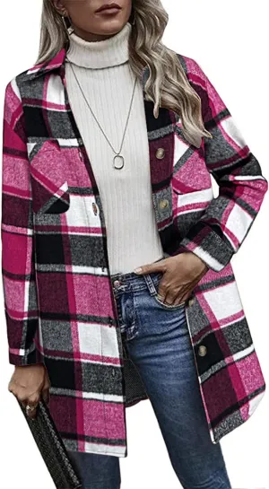 HOTOUCH Womens Flannel Plaid Shacket Jacket Casual Lapel Button Down Tartan Trench Coat Long Sleeve Shirts with Pockets