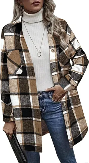 HOTOUCH Womens Flannel Plaid Shacket Jacket Casual Lapel Button Down Tartan Trench Coat Long Sleeve Shirts with Pockets
