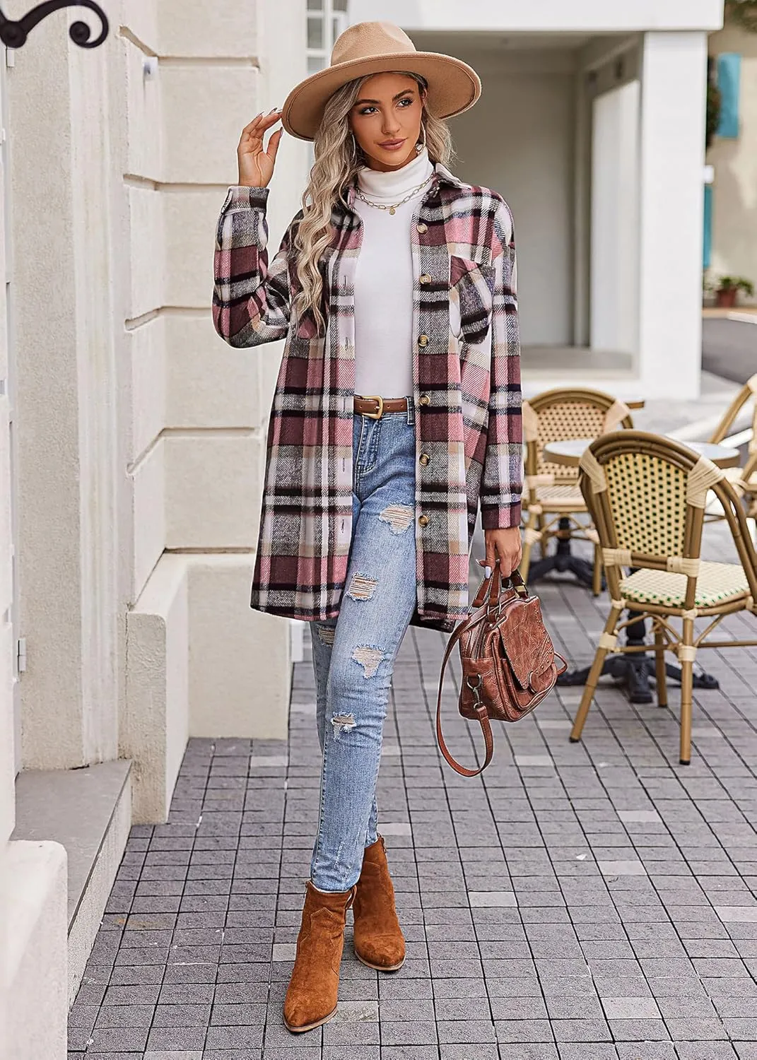 HOTOUCH Womens Flannel Plaid Shacket Jacket Casual Lapel Button Down Tartan Trench Coat Long Sleeve Shirts with Pockets