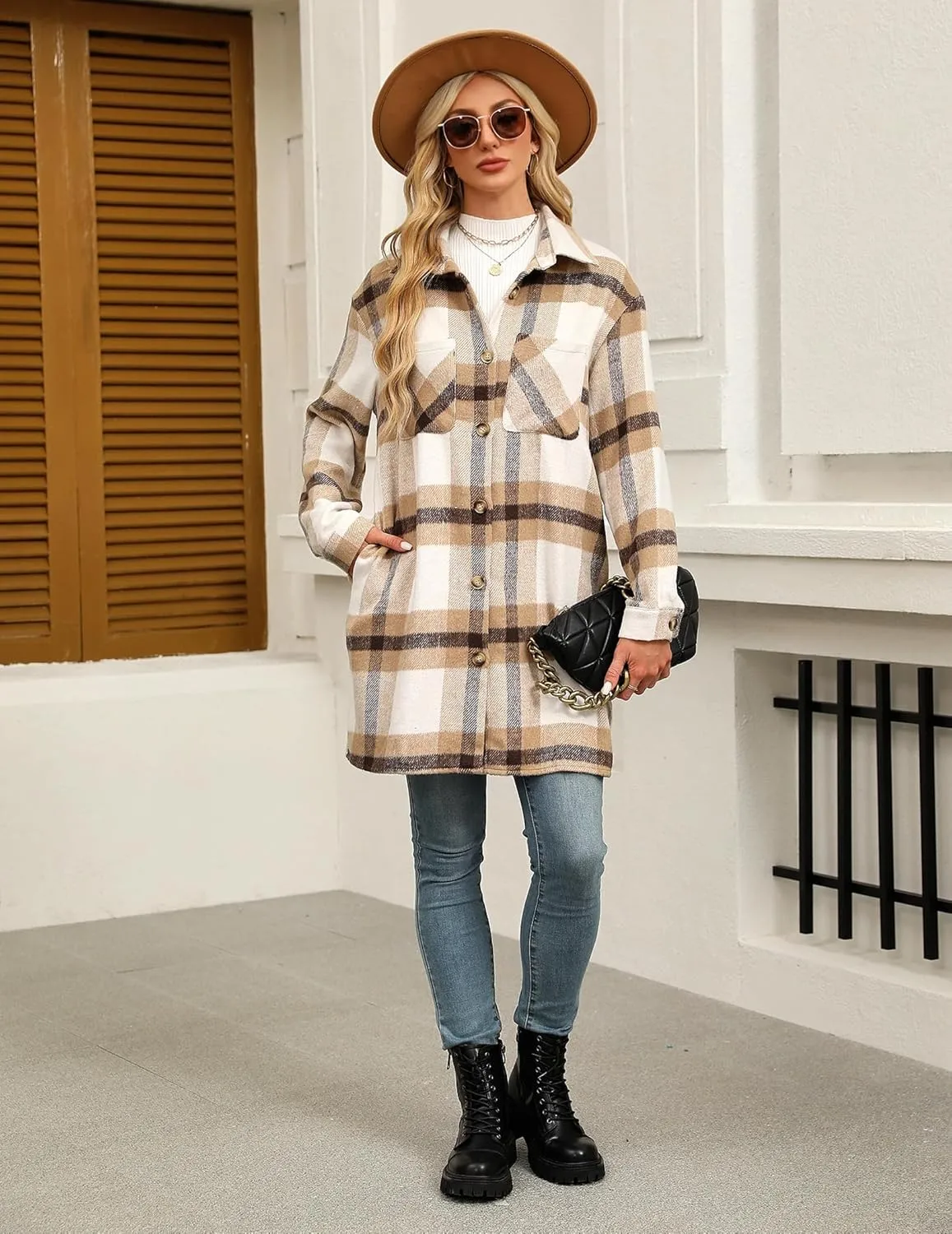 HOTOUCH Womens Flannel Plaid Shacket Jacket Casual Lapel Button Down Tartan Trench Coat Long Sleeve Shirts with Pockets