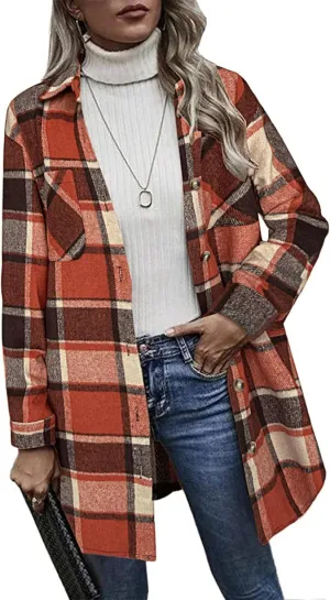 HOTOUCH Womens Flannel Plaid Shacket Jacket Casual Lapel Button Down Tartan Trench Coat Long Sleeve Shirts with Pockets