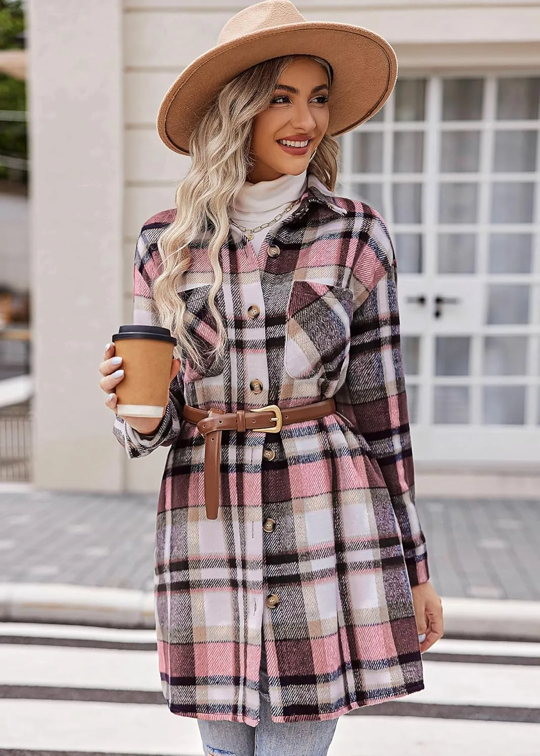 HOTOUCH Womens Flannel Plaid Shacket Jacket Casual Lapel Button Down Tartan Trench Coat Long Sleeve Shirts with Pockets
