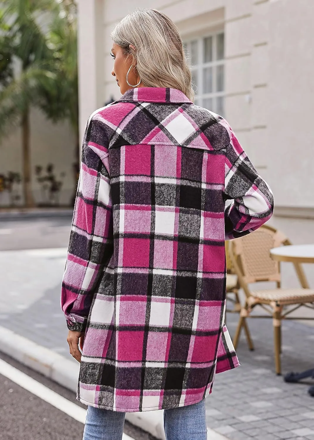 HOTOUCH Womens Flannel Plaid Shacket Jacket Casual Lapel Button Down Tartan Trench Coat Long Sleeve Shirts with Pockets