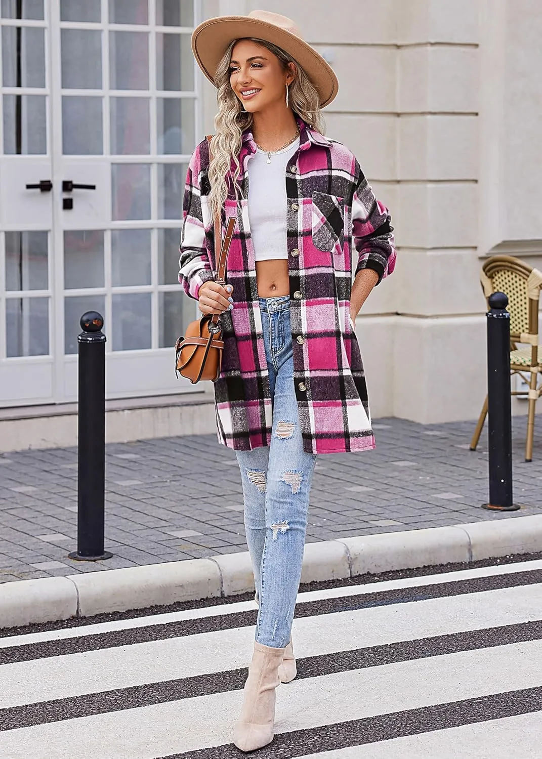 HOTOUCH Womens Flannel Plaid Shacket Jacket Casual Lapel Button Down Tartan Trench Coat Long Sleeve Shirts with Pockets