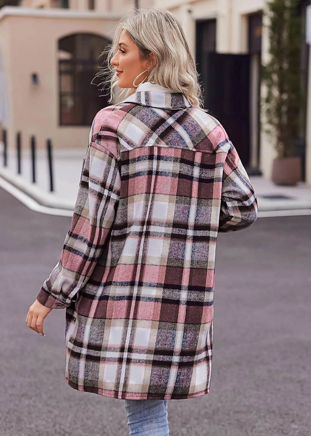 HOTOUCH Womens Flannel Plaid Shacket Jacket Casual Lapel Button Down Tartan Trench Coat Long Sleeve Shirts with Pockets