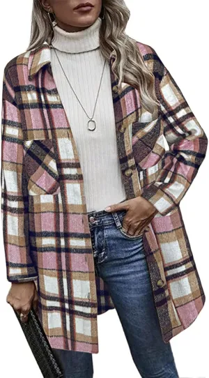 HOTOUCH Womens Flannel Plaid Shacket Jacket Casual Lapel Button Down Tartan Trench Coat Long Sleeve Shirts with Pockets