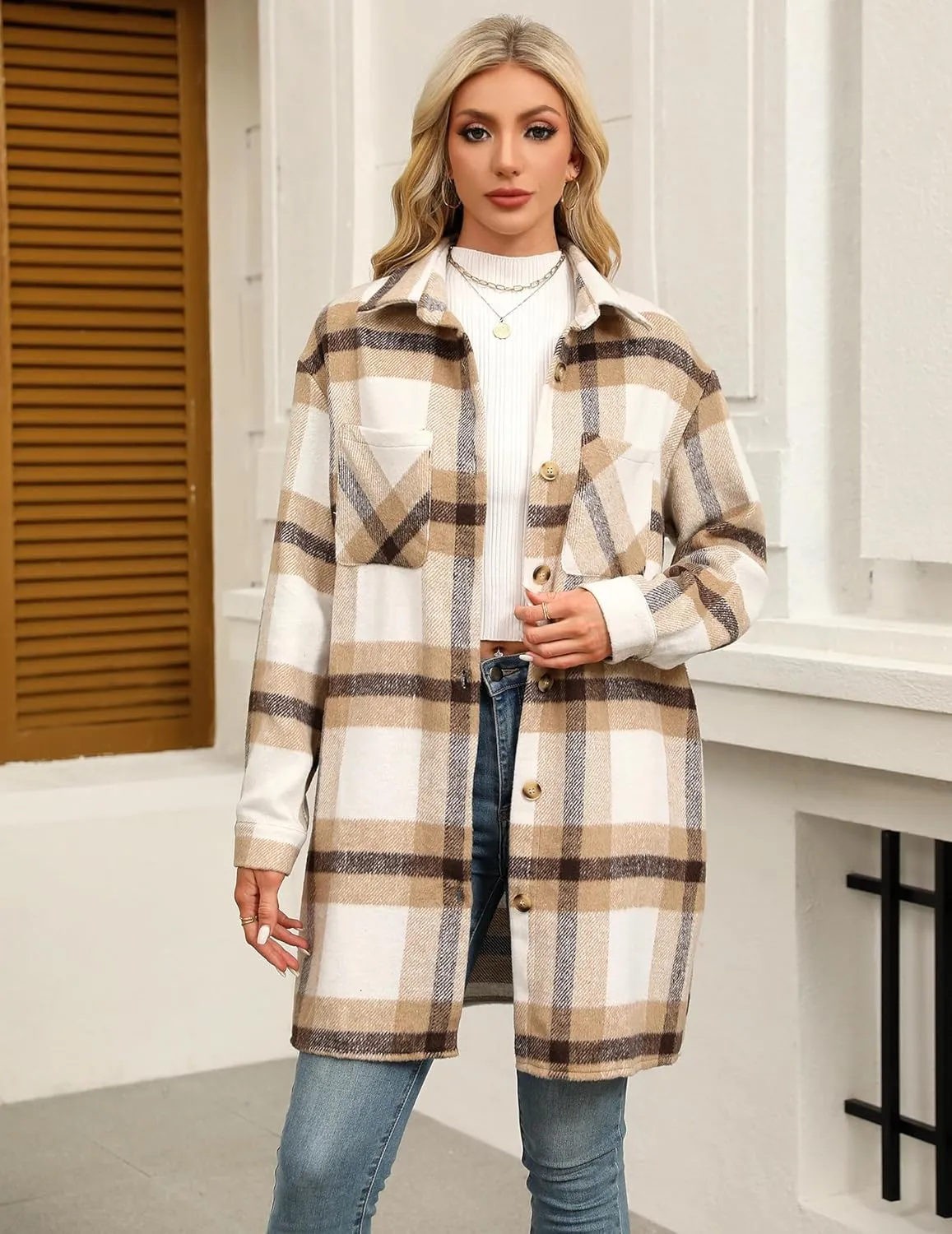 HOTOUCH Womens Flannel Plaid Shacket Jacket Casual Lapel Button Down Tartan Trench Coat Long Sleeve Shirts with Pockets