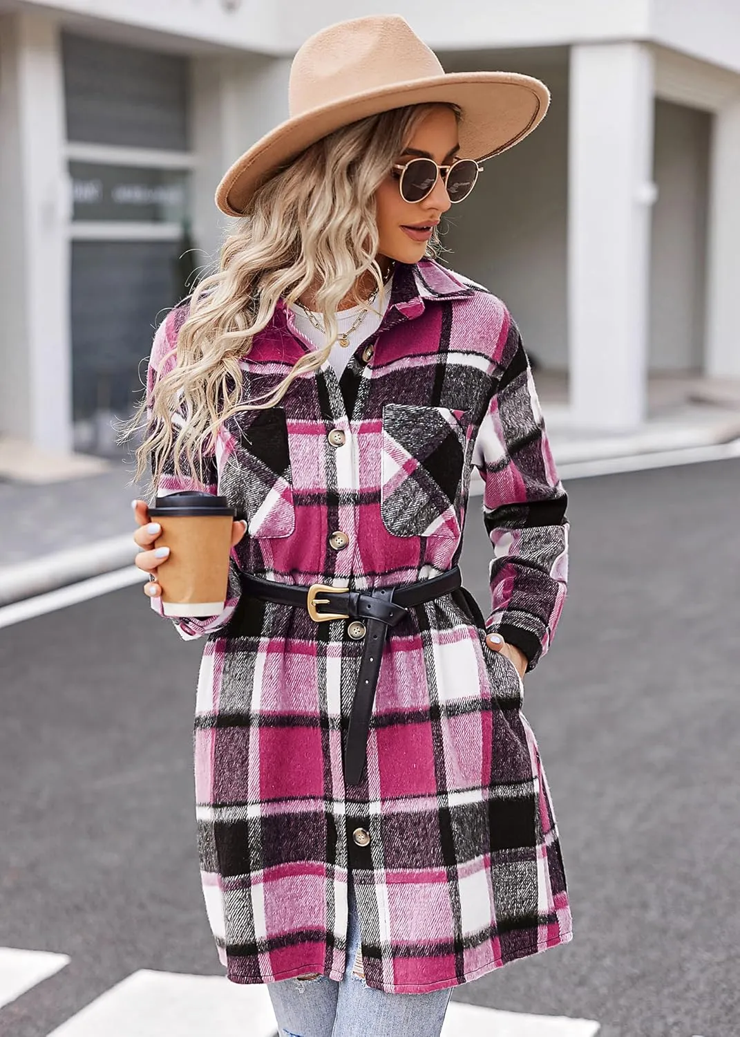 HOTOUCH Womens Flannel Plaid Shacket Jacket Casual Lapel Button Down Tartan Trench Coat Long Sleeve Shirts with Pockets