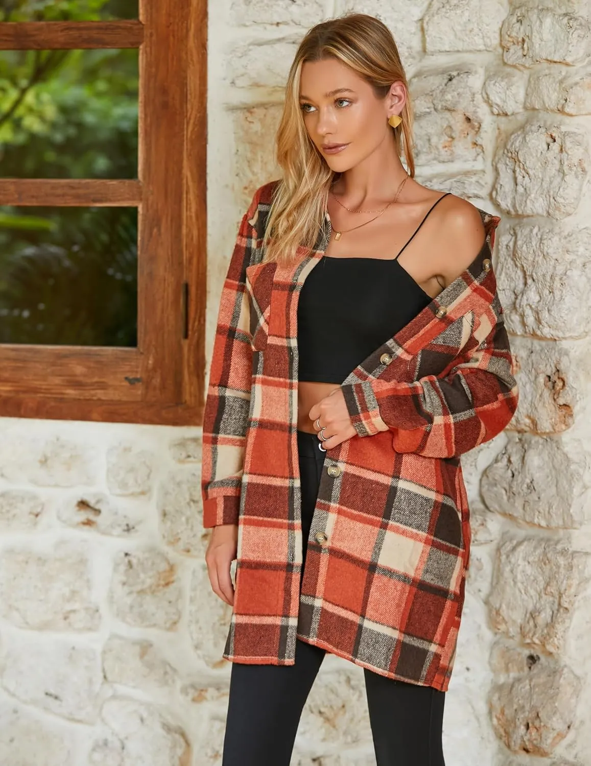 HOTOUCH Womens Flannel Plaid Shacket Jacket Casual Lapel Button Down Tartan Trench Coat Long Sleeve Shirts with Pockets