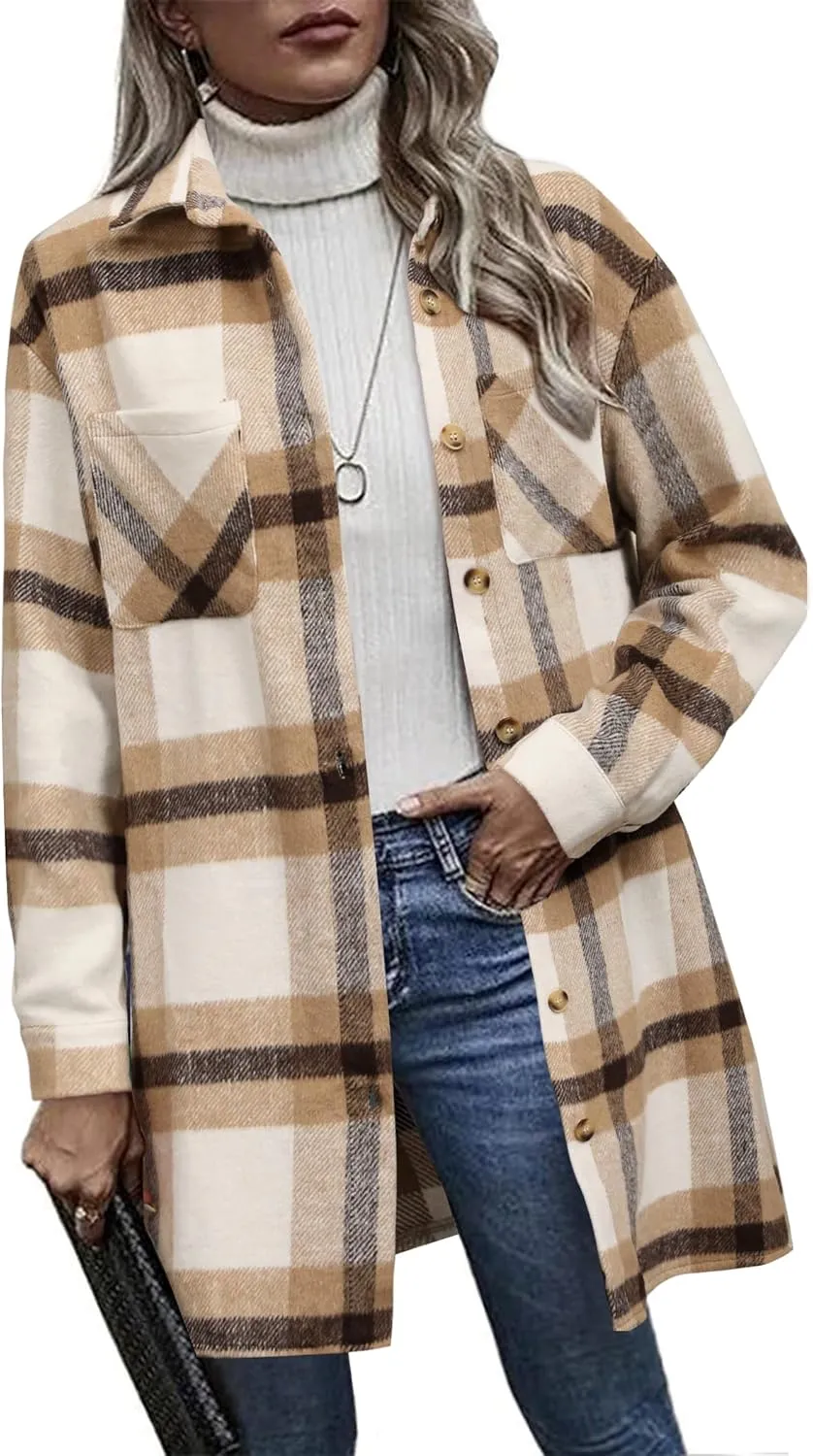 HOTOUCH Womens Flannel Plaid Shacket Jacket Casual Lapel Button Down Tartan Trench Coat Long Sleeve Shirts with Pockets