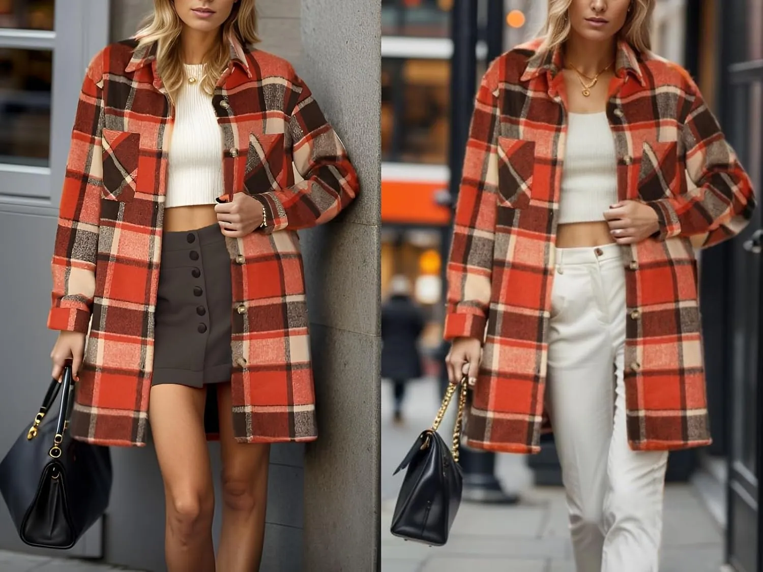 HOTOUCH Womens Flannel Plaid Shacket Jacket Casual Lapel Button Down Tartan Trench Coat Long Sleeve Shirts with Pockets