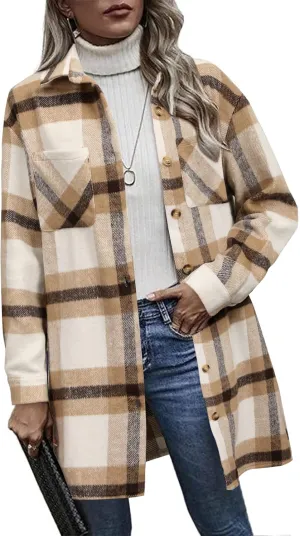 HOTOUCH Womens Flannel Plaid Shacket Jacket Casual Lapel Button Down Tartan Trench Coat Long Sleeve Shirts with Pockets