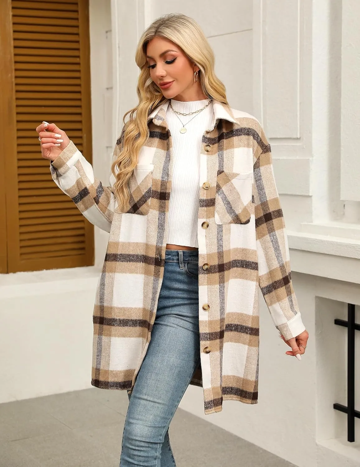 HOTOUCH Womens Flannel Plaid Shacket Jacket Casual Lapel Button Down Tartan Trench Coat Long Sleeve Shirts with Pockets