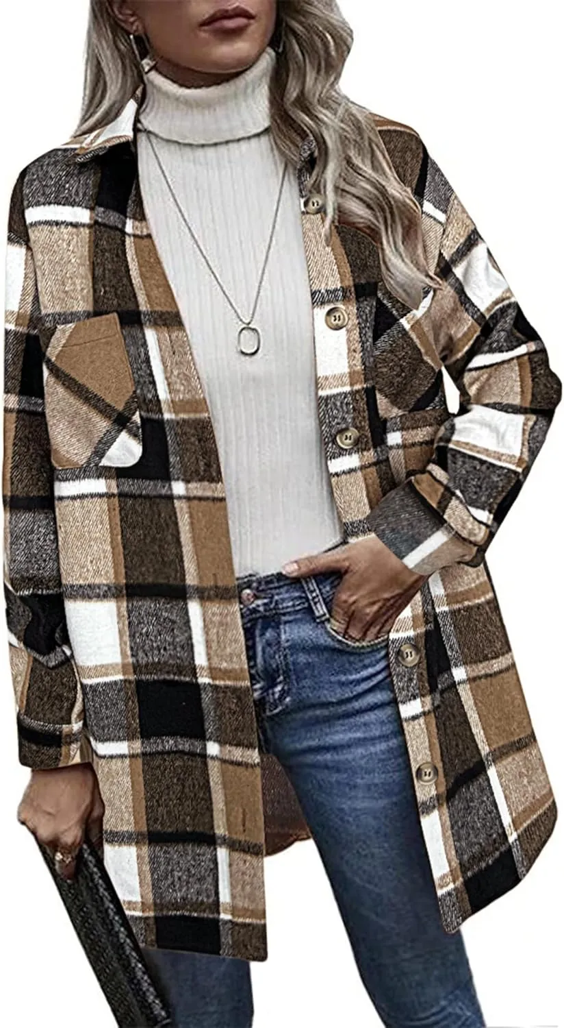 HOTOUCH Womens Flannel Plaid Shacket Jacket Casual Lapel Button Down Tartan Trench Coat Long Sleeve Shirts with Pockets