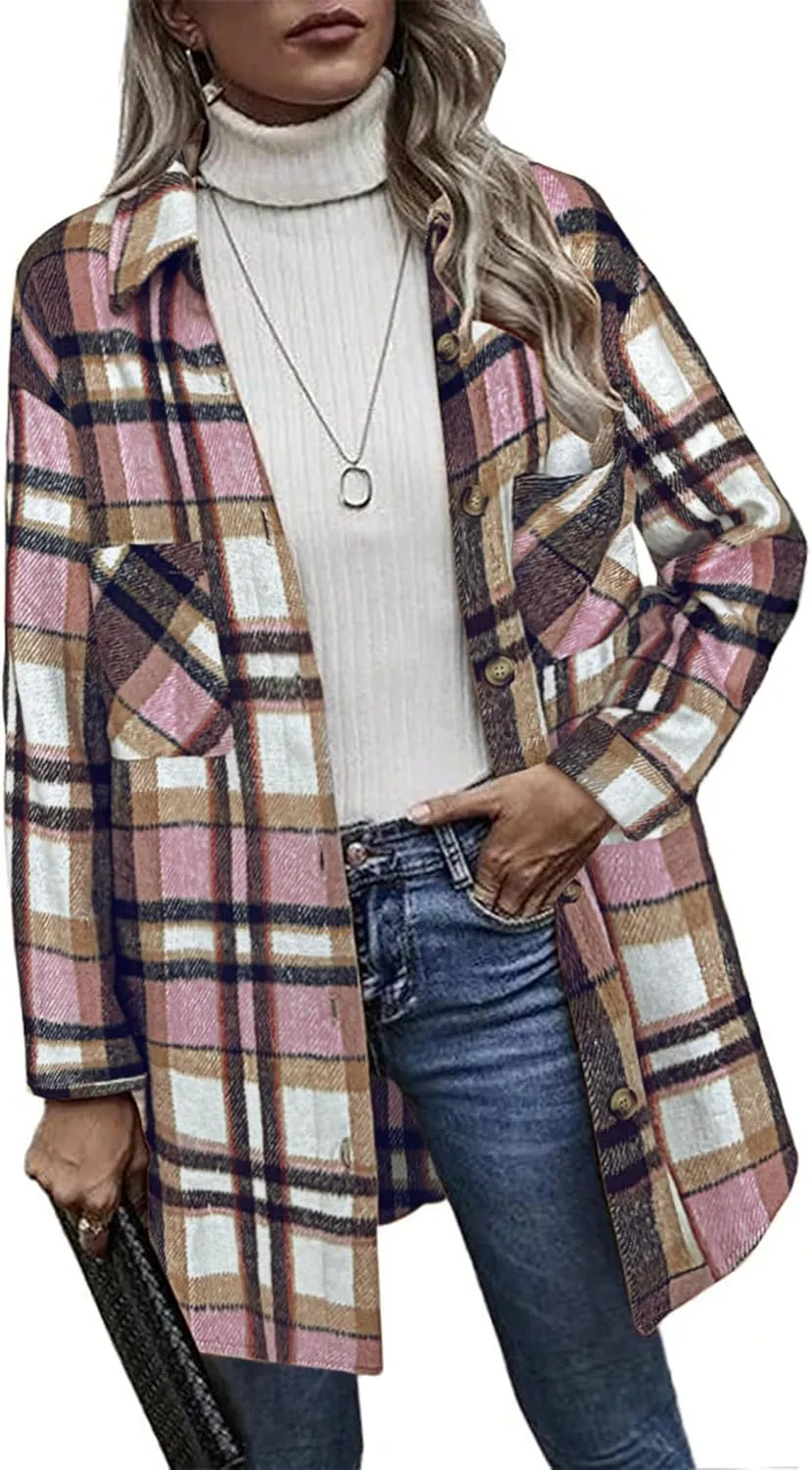 HOTOUCH Womens Flannel Plaid Shacket Jacket Casual Lapel Button Down Tartan Trench Coat Long Sleeve Shirts with Pockets