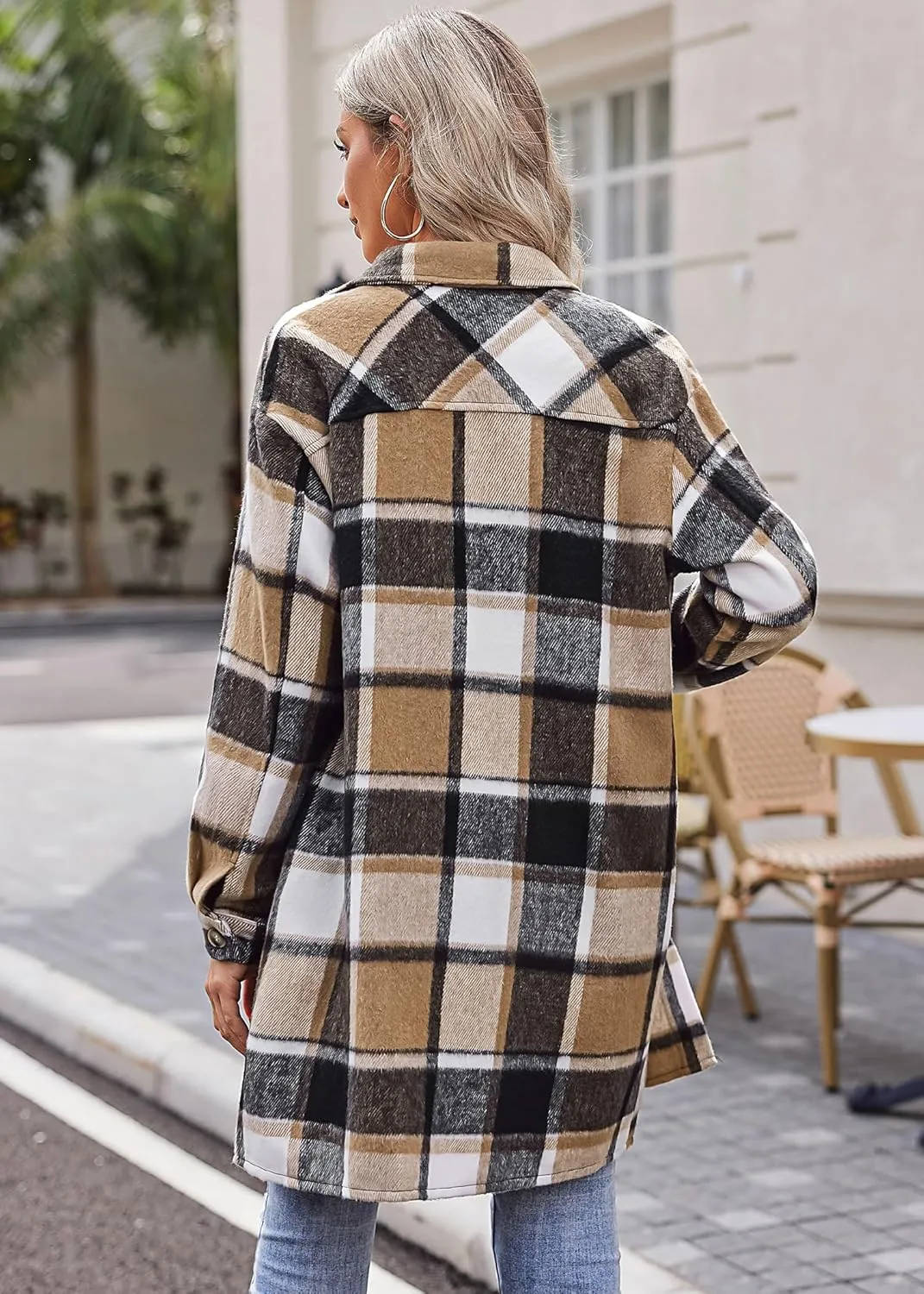 HOTOUCH Womens Flannel Plaid Shacket Jacket Casual Lapel Button Down Tartan Trench Coat Long Sleeve Shirts with Pockets