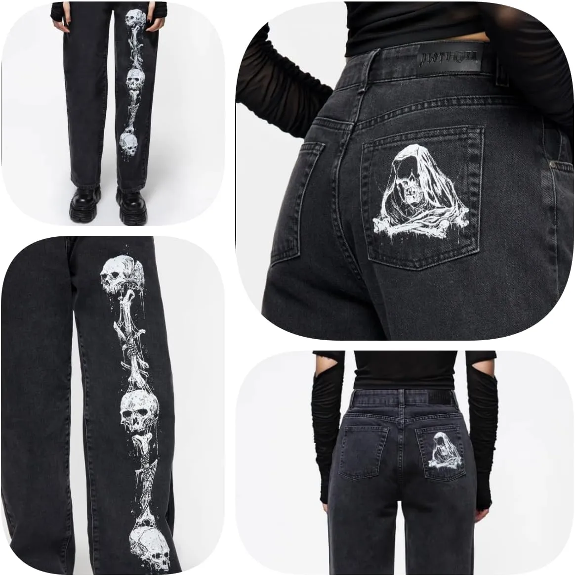 HOXIJIA Women High Waisted Wide Leg Denim Pants Y2K Patterned Baggy Flared Hem Jeans Stretch Bell Bottom Trousers