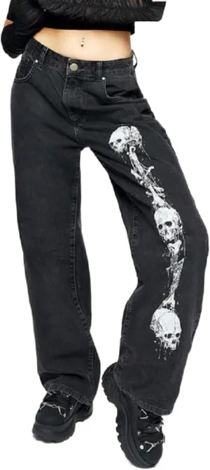 HOXIJIA Women High Waisted Wide Leg Denim Pants Y2K Patterned Baggy Flared Hem Jeans Stretch Bell Bottom Trousers