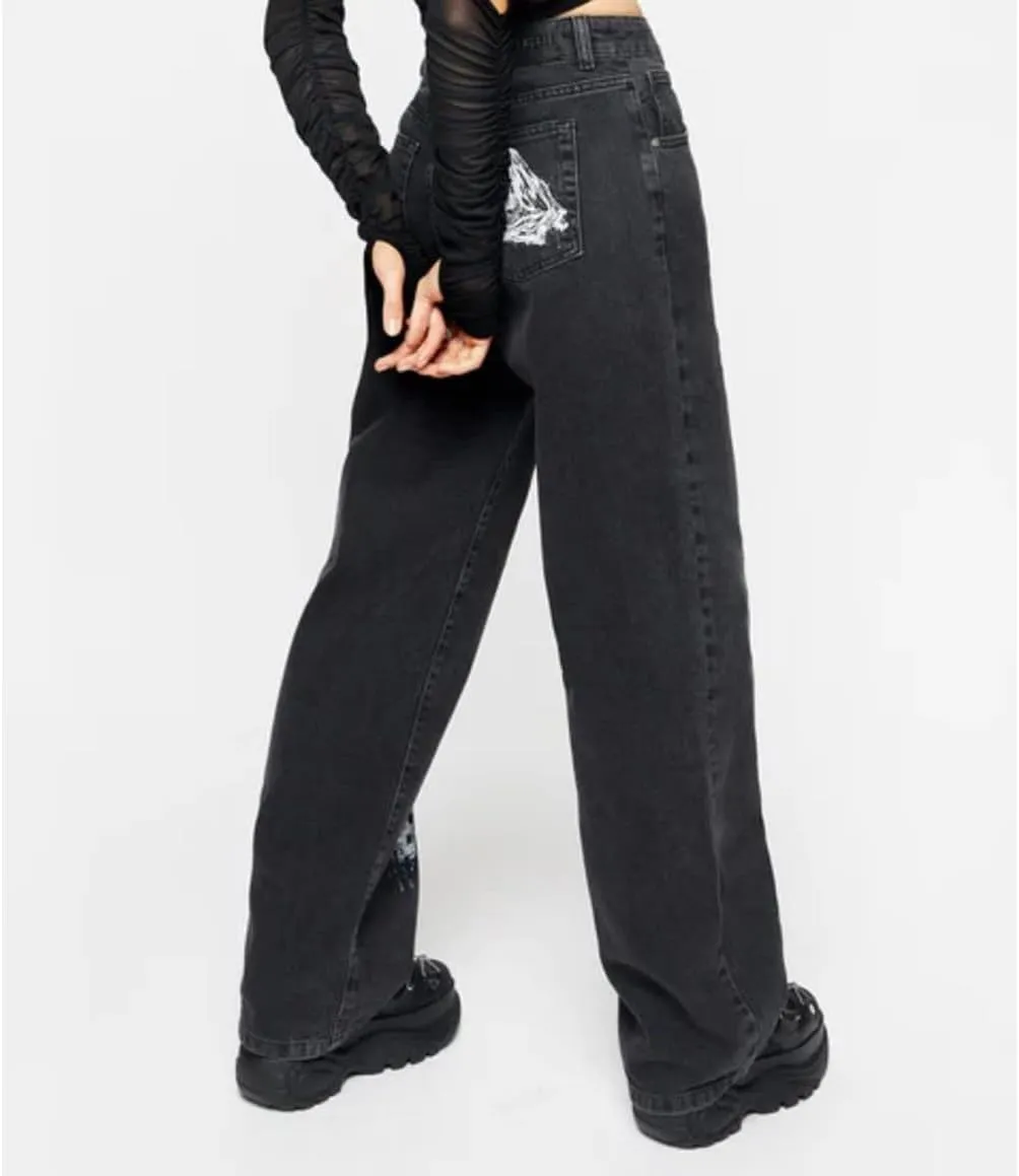 HOXIJIA Women High Waisted Wide Leg Denim Pants Y2K Patterned Baggy Flared Hem Jeans Stretch Bell Bottom Trousers