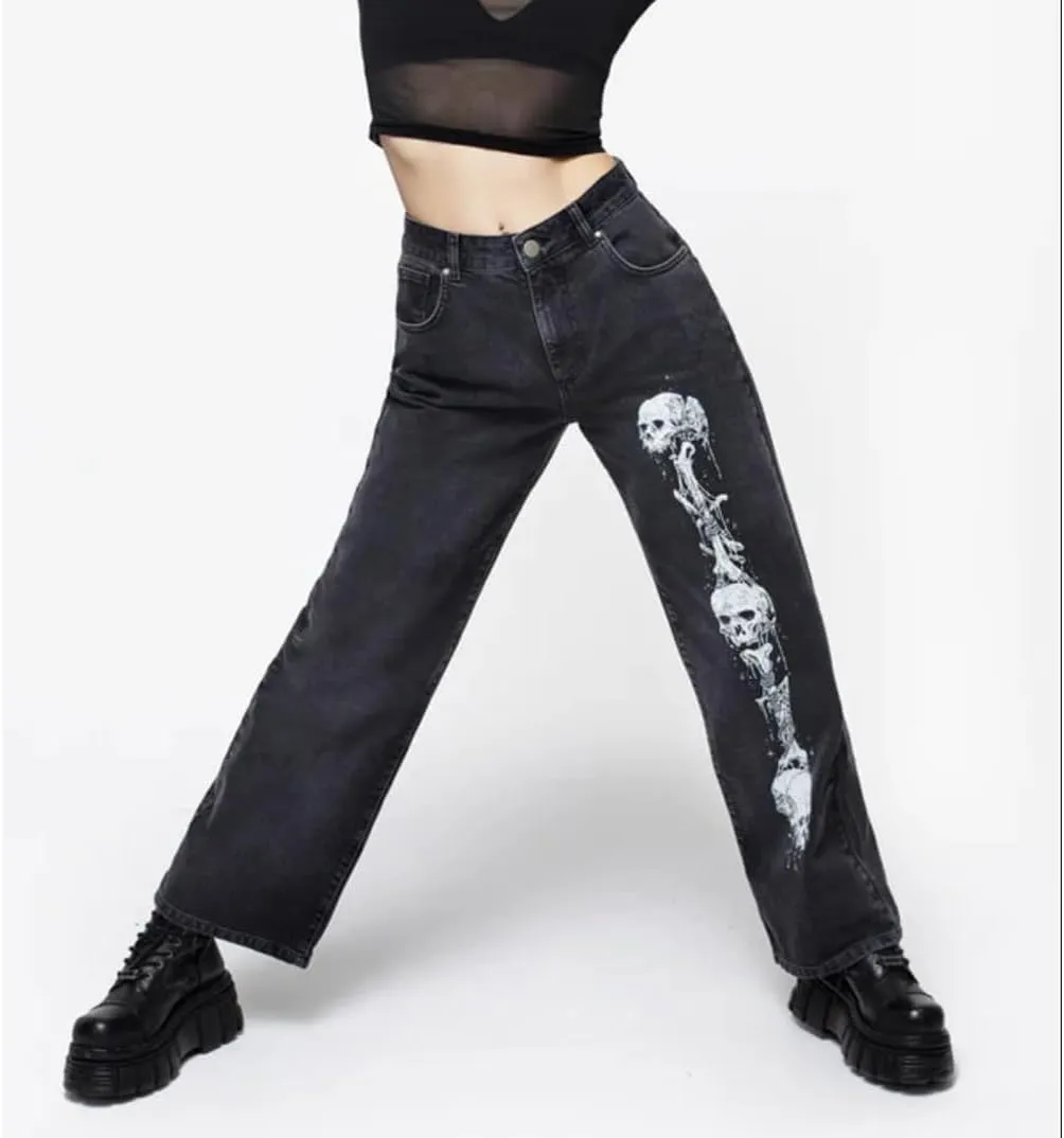 HOXIJIA Women High Waisted Wide Leg Denim Pants Y2K Patterned Baggy Flared Hem Jeans Stretch Bell Bottom Trousers