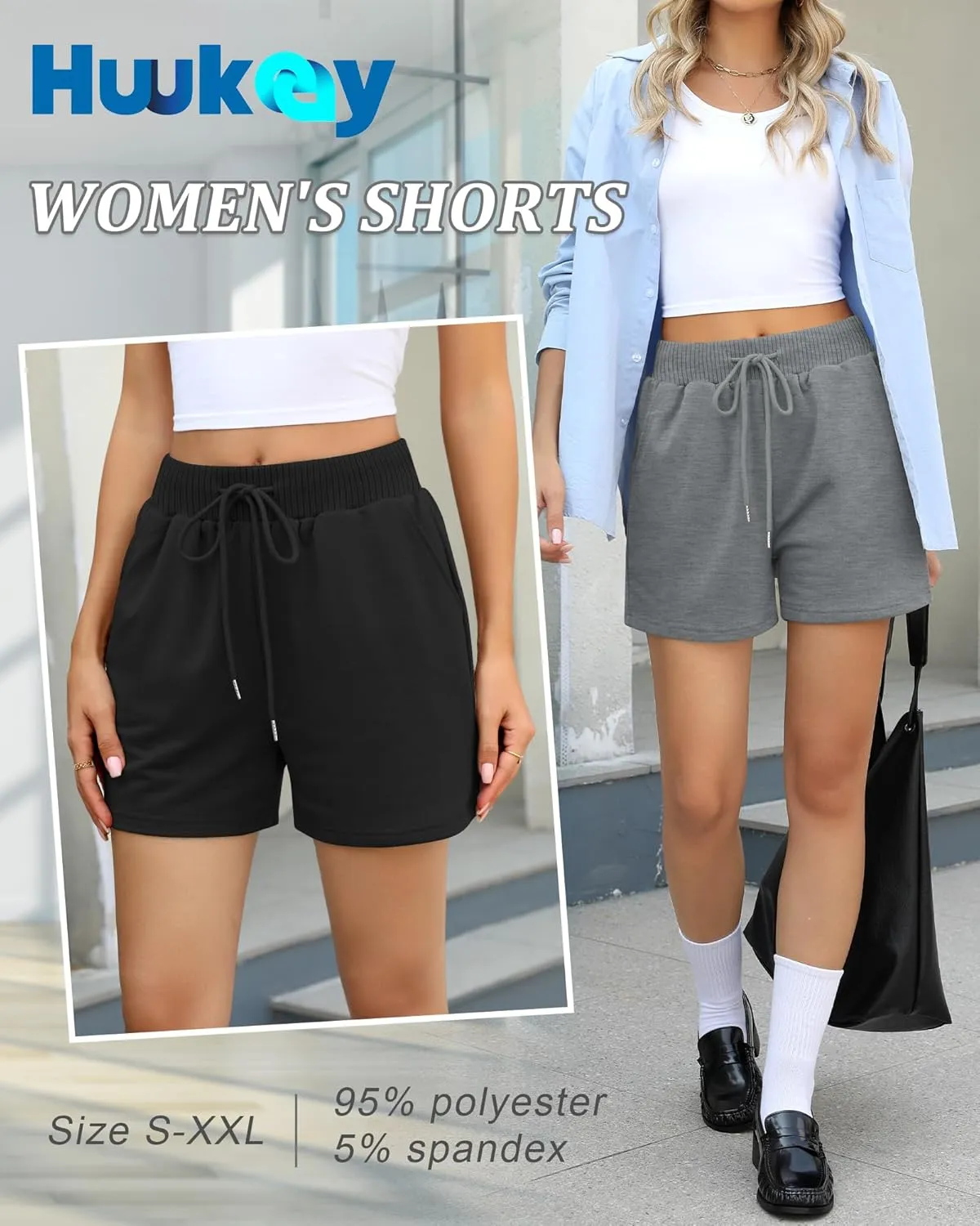 Huukeay 3 Pack Women's Sweat Shorts Comfy Lounge Drawstring High Waisted Summer Athletic Shorts with Pockets