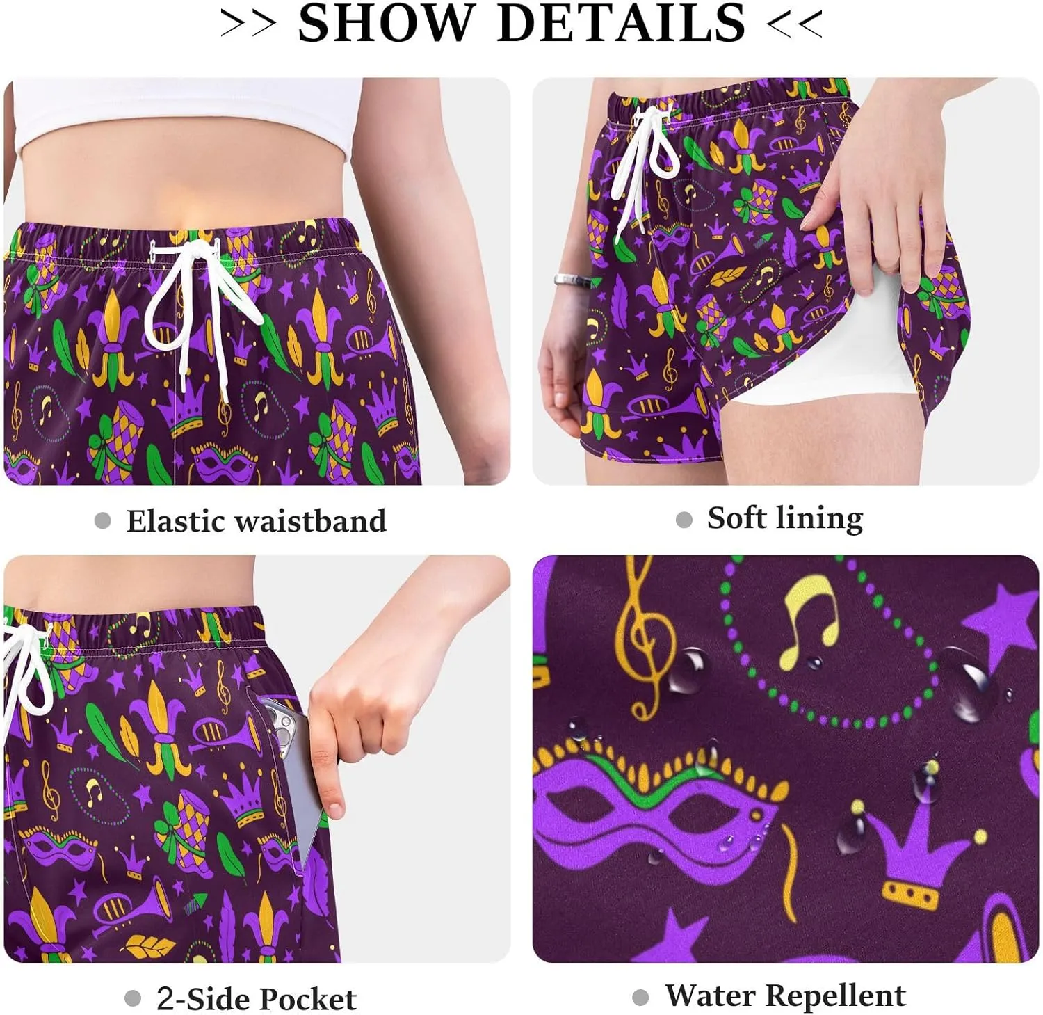 J JOYSAY Mardi Gras Purple Athletic Shorts Quick Dry Women Sweat Shorts Beach Lounge Pants