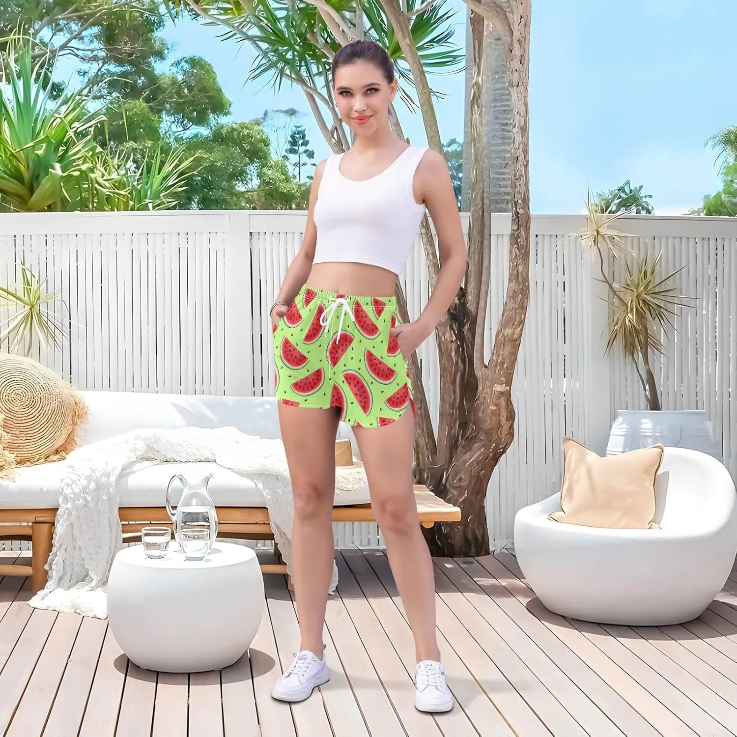 J JOYSAY Watermelon Summer Athletic Shorts Quick Dry Women Sweat Shorts Beach Lounge Pants with Pocket Drawstring