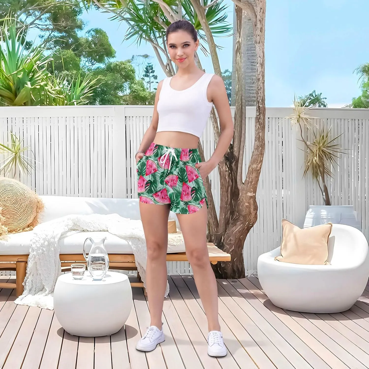J JOYSAY Watermelon Summer Athletic Shorts Quick Dry Women Sweat Shorts Beach Lounge Pants with Pocket Drawstring