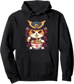 Japanese Samurai Kawaii Anime Cat Ramen Graphic Tees Men Pullover Hoodie