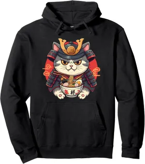 Japanese Samurai Kawaii Anime Cat Ramen Graphic Tees Men Pullover Hoodie
