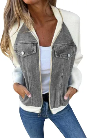 Jean Jacket Women Casual Long Sleeve Mock Neck Full Zipper Color Block Denim Coats Fall Lounge Outwear