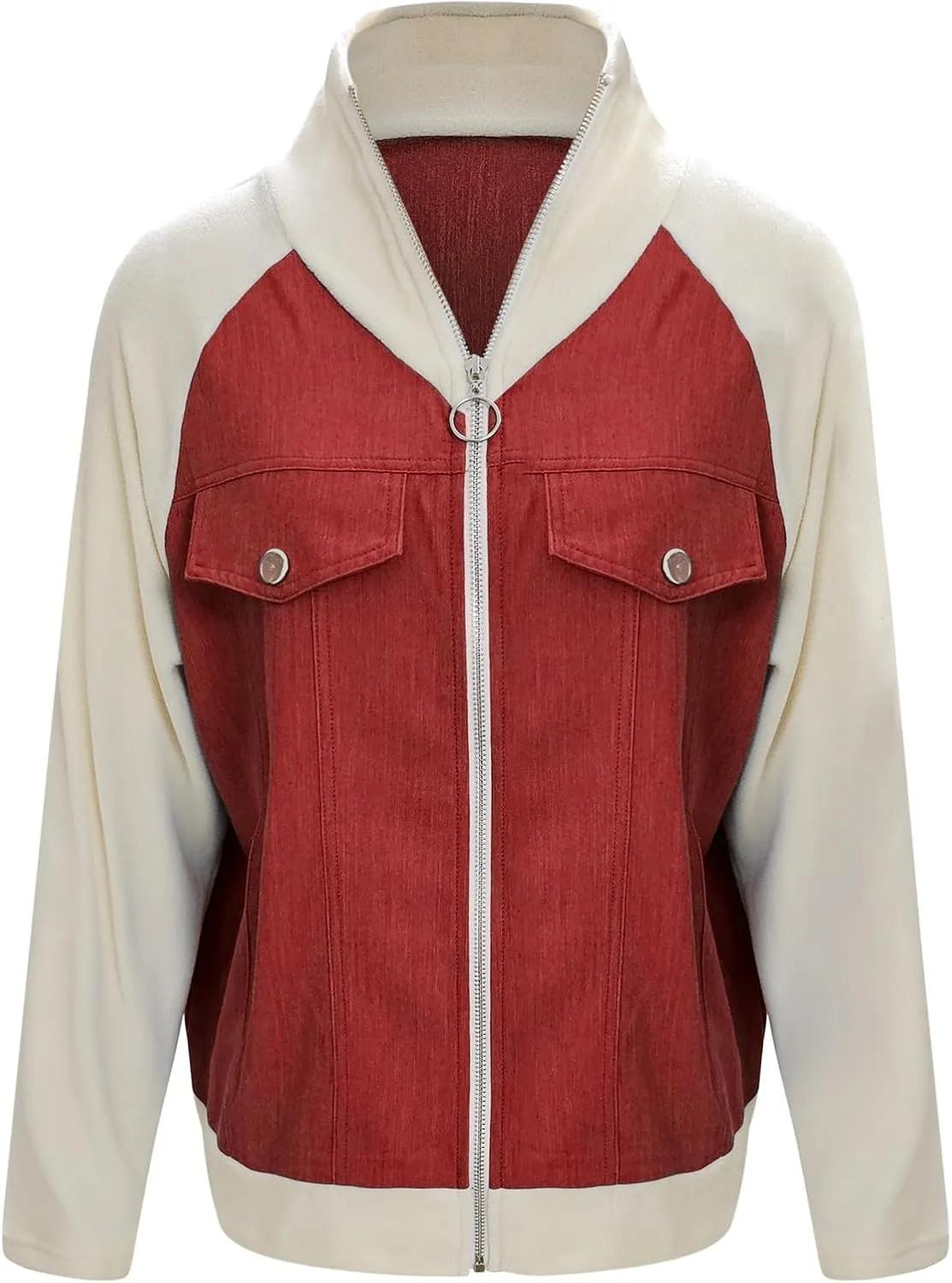 Jean Jacket Women Casual Long Sleeve Mock Neck Full Zipper Color Block Denim Coats Fall Lounge Outwear