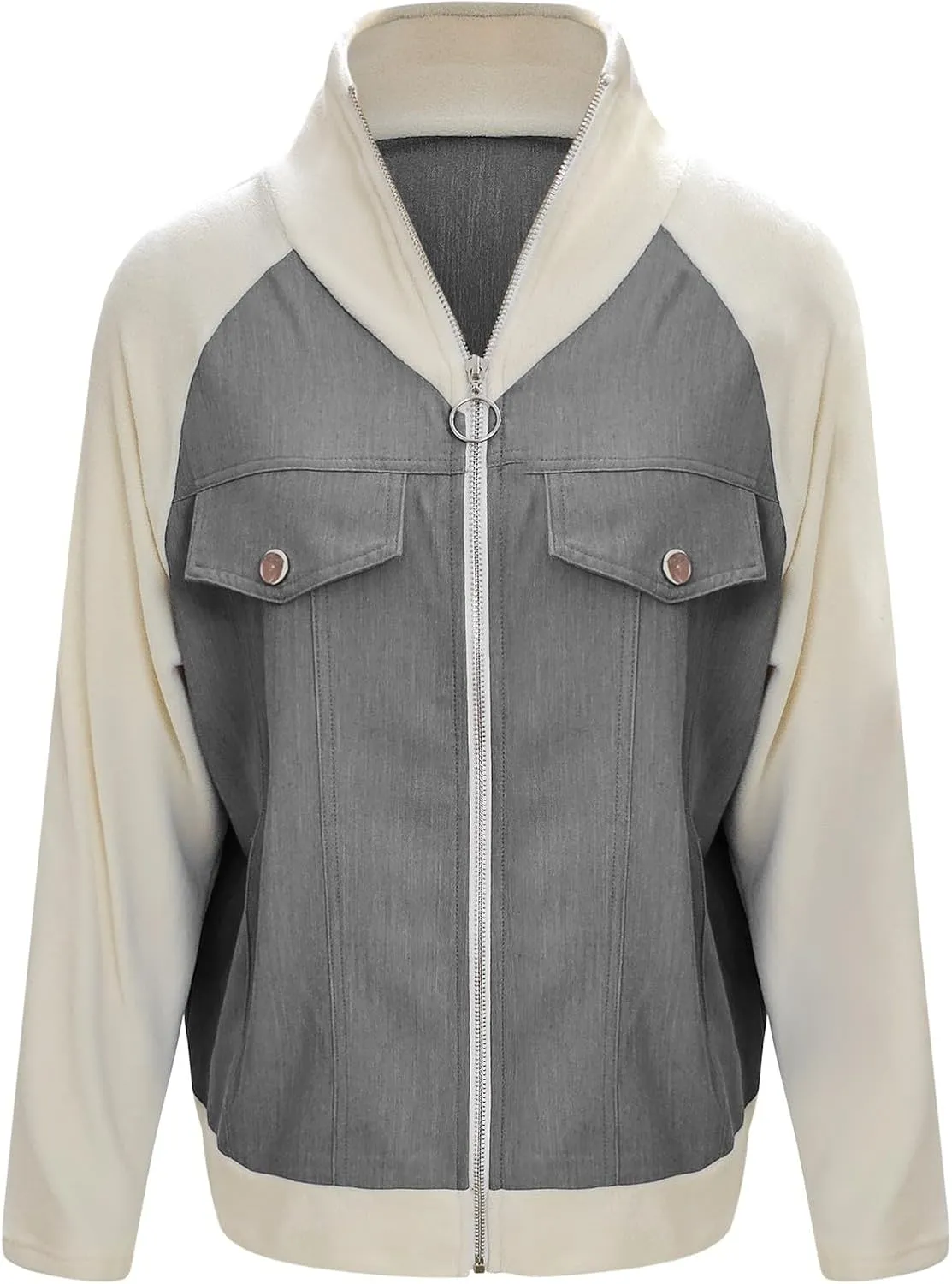 Jean Jacket Women Casual Long Sleeve Mock Neck Full Zipper Color Block Denim Coats Fall Lounge Outwear
