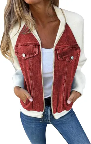 Jean Jacket Women Casual Long Sleeve Mock Neck Full Zipper Color Block Denim Coats Fall Lounge Outwear