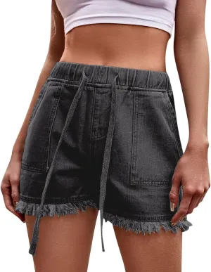Jean Shorts for Women Trendy High Waisted Drawstring Frayed Raw Hem Denim Shorts Stretchy Loose Fit Summer Hot Short