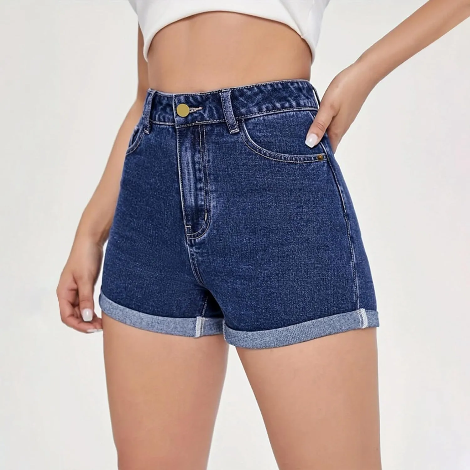 Jean Shorts for Women Trendy High Waisted Folded Hem Stretchy Denim Ultra Shorts Summer Casual Hot Short with Pockets
